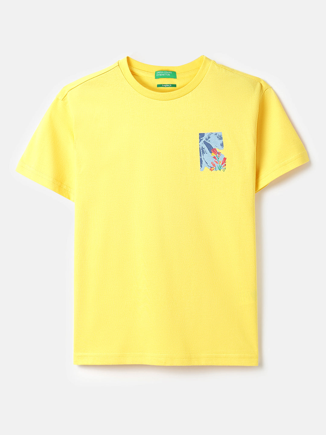 Girls Yellow Floral Print Cotton Longline Tee