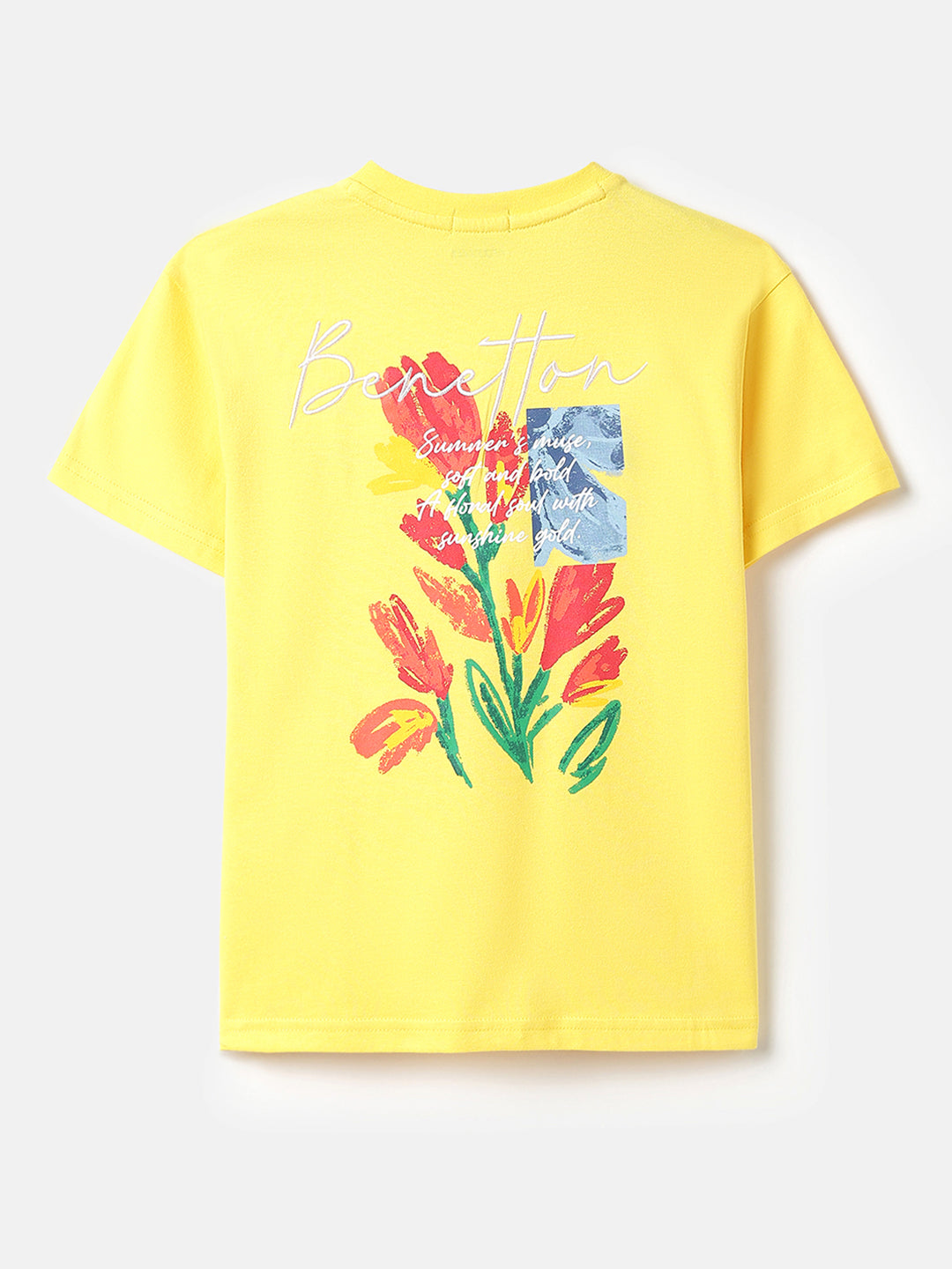 Girls Yellow Floral Print Cotton Longline Tee