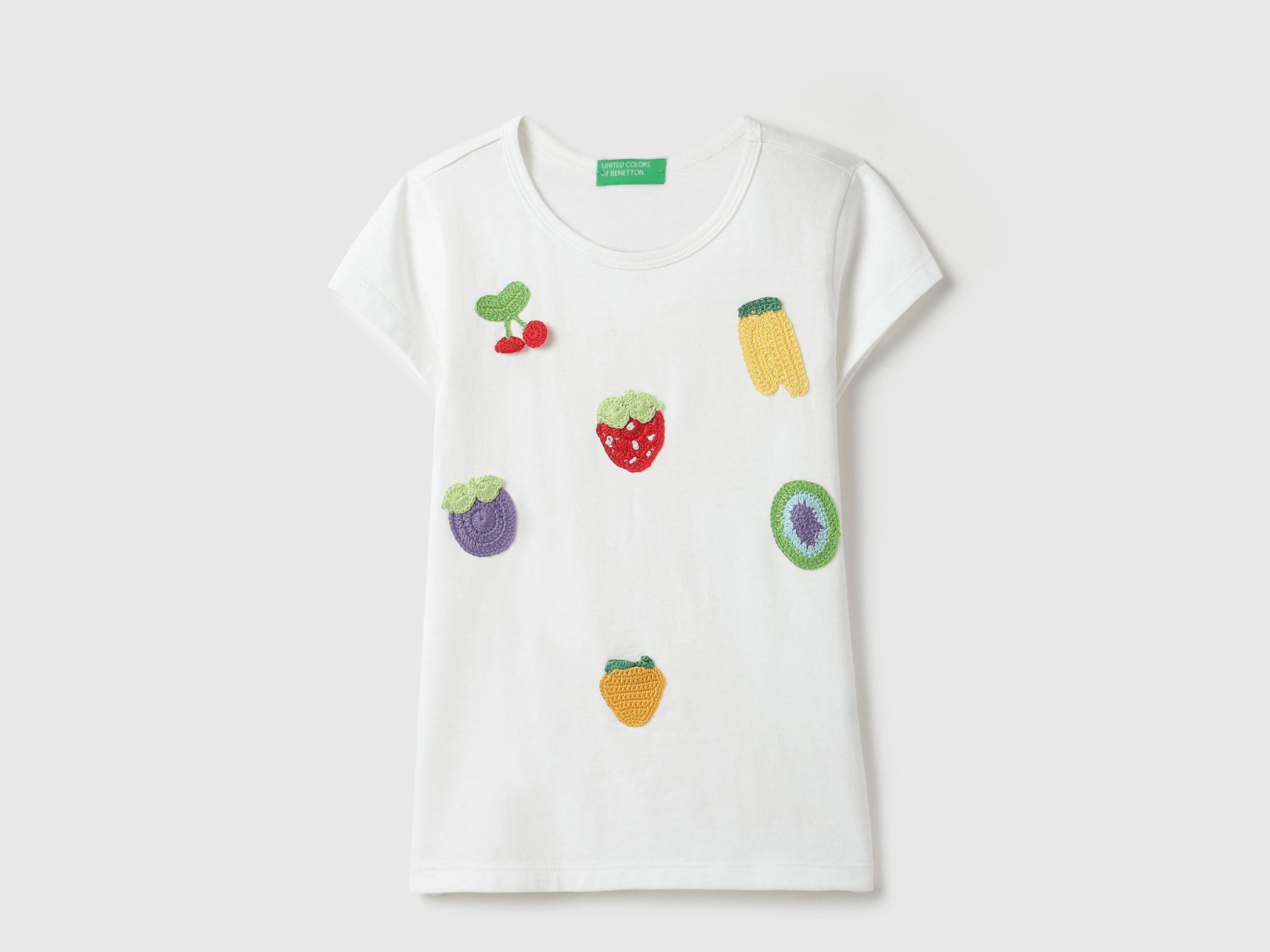 Girls White Cotton Fruit Crochet Patch Regular Fit T-Shirt