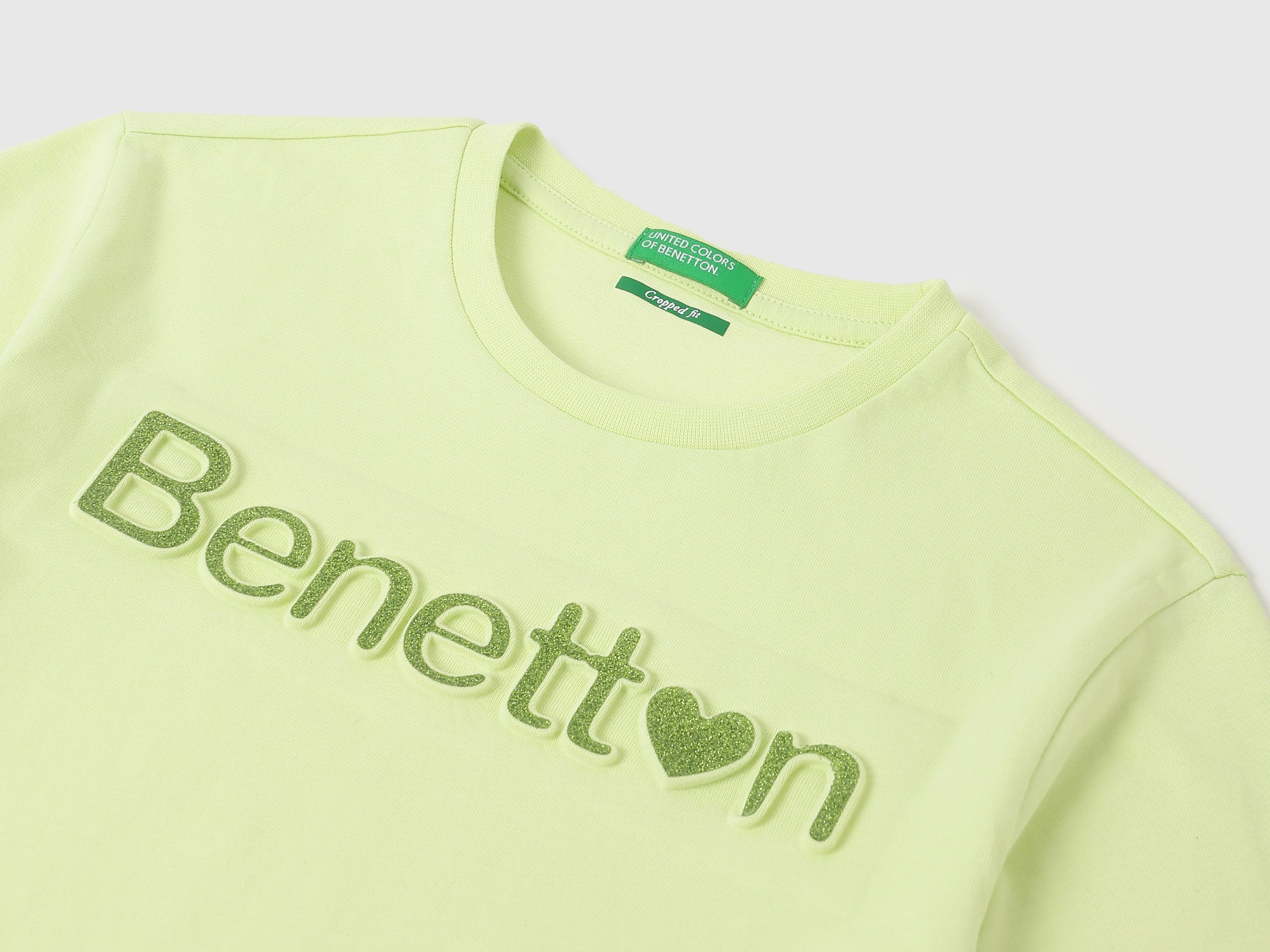 Girls Lime Cropped Tee with Embossed Glitter Detail