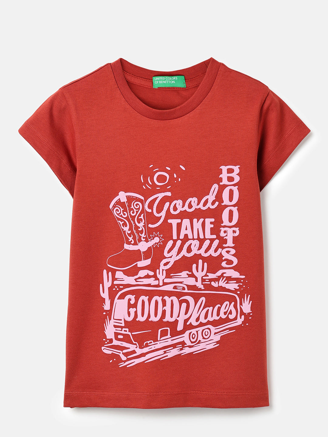 Girls Brick Red Horse Puff Print Cotton Tee