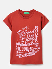Girls Brick Red Horse Puff Print Cotton Tee