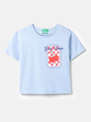 Girls Sky Blue Strawberry Cotton Crop Tee
