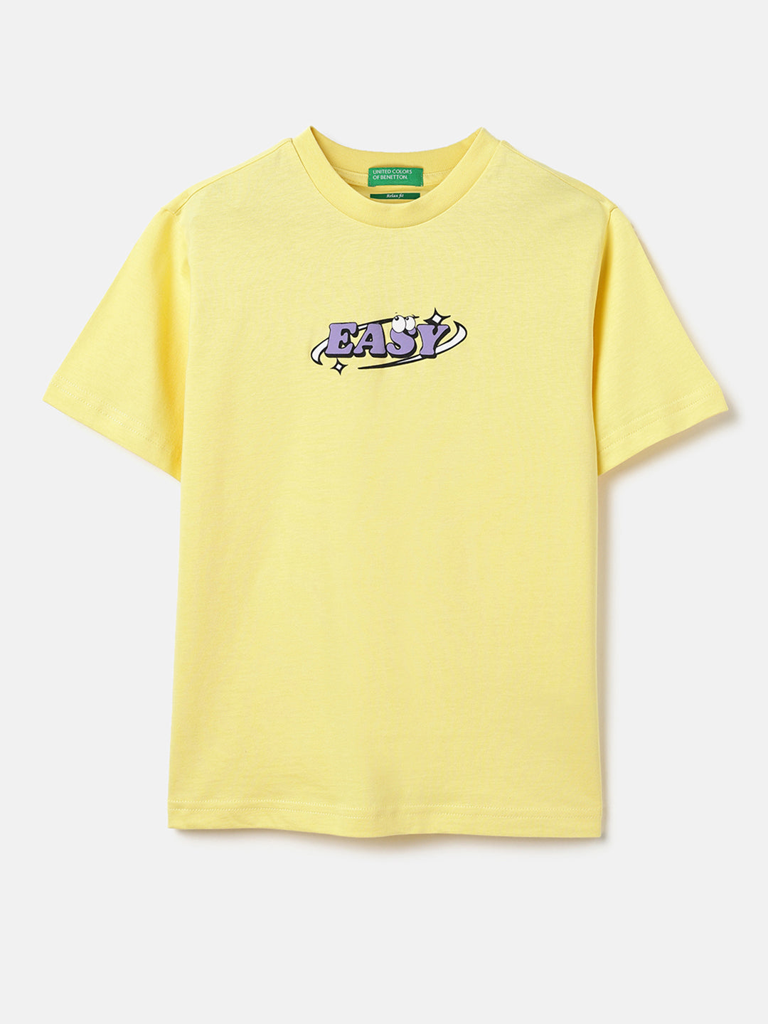 Boys Light Yellow Cotton Relaxed Fit Easy Back Print T-Shirt