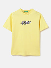 Boys Light Yellow Cotton Relaxed Fit Easy Back Print T-Shirt