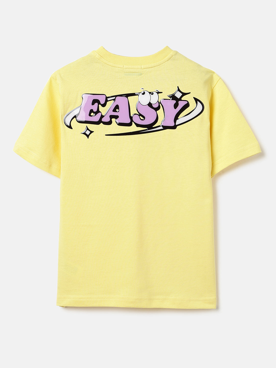 Boys Light Yellow Cotton Relaxed Fit Easy Back Print T-Shirt