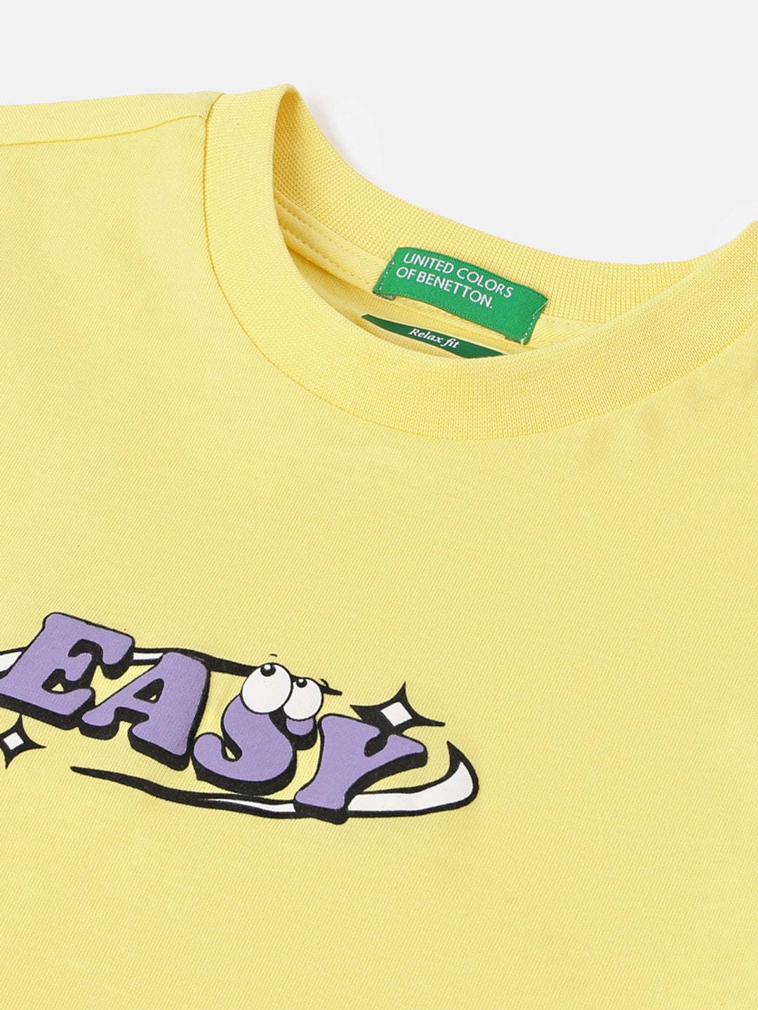 Boys Light Yellow Cotton Relaxed Fit Easy Back Print T-Shirt