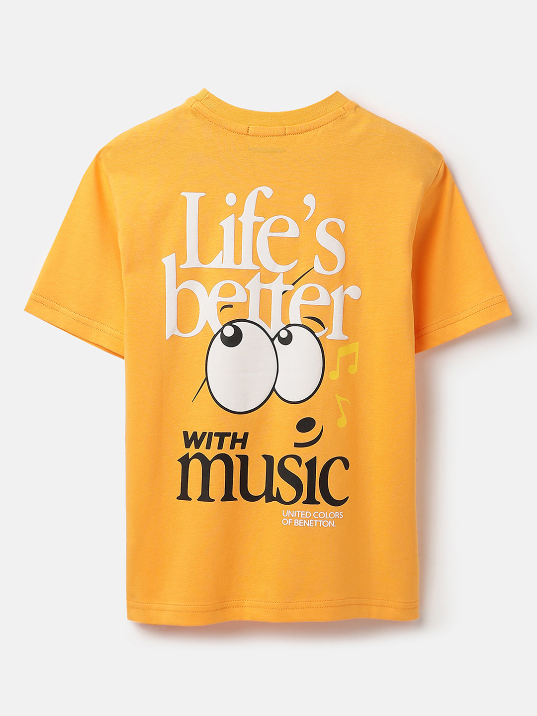 Boys Bright Orange Cotton Relaxed Fit Life’s Better With Music T-Shirt