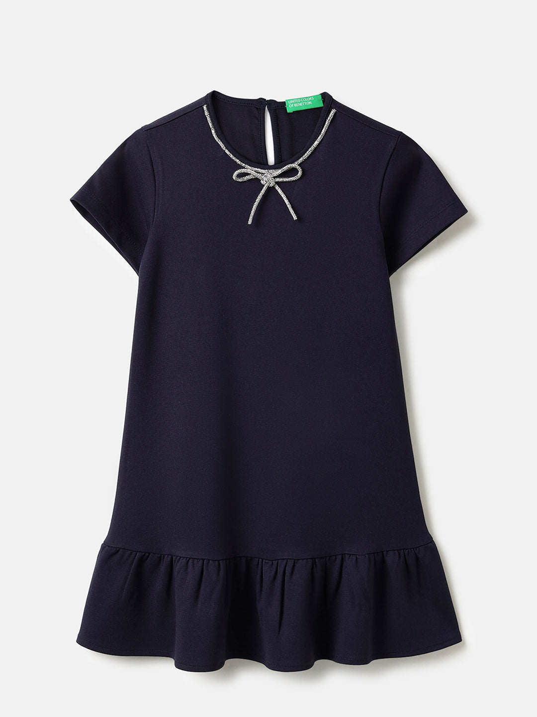 Girls Navy Viscose Blend Dress with Embellishment Bow