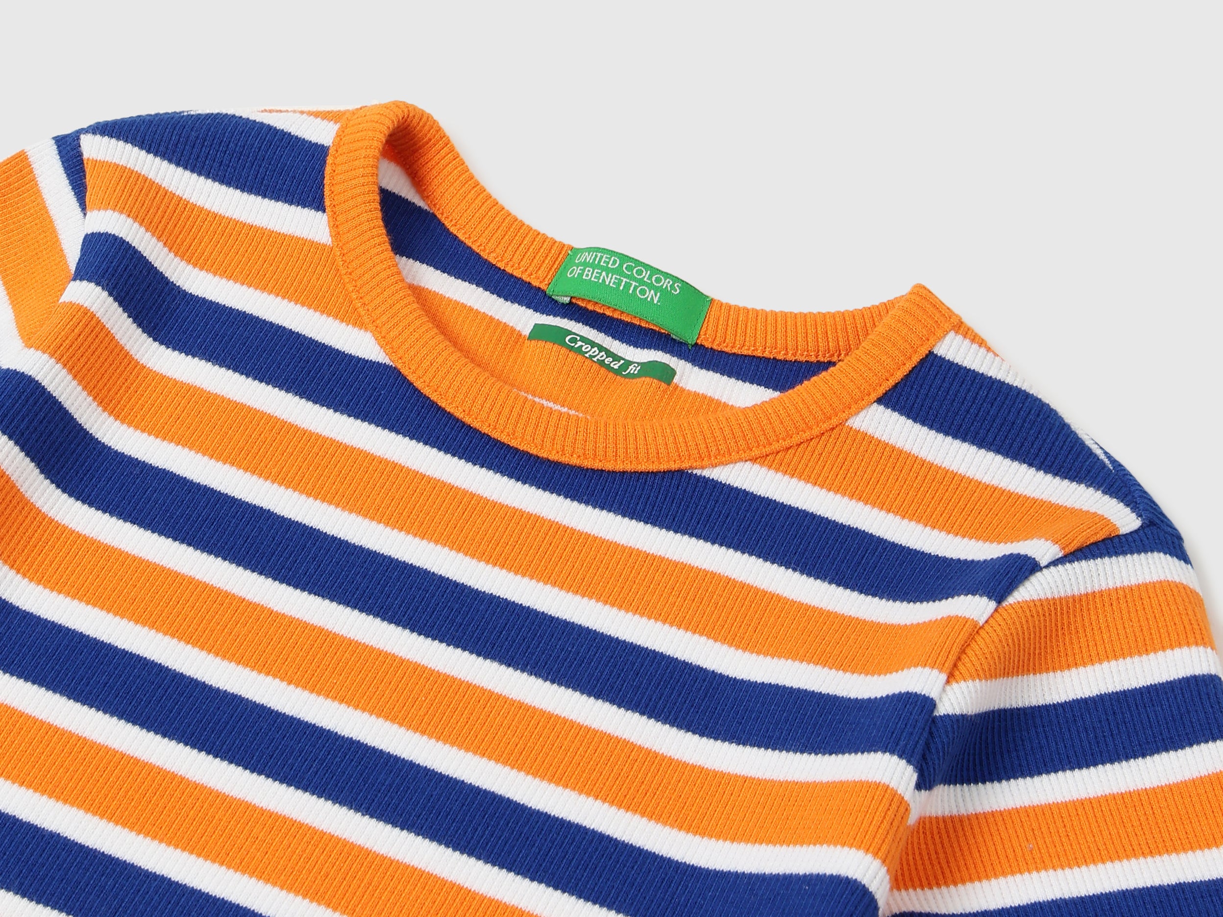 Girls Blue Striped Rib Cropped T-Shirt