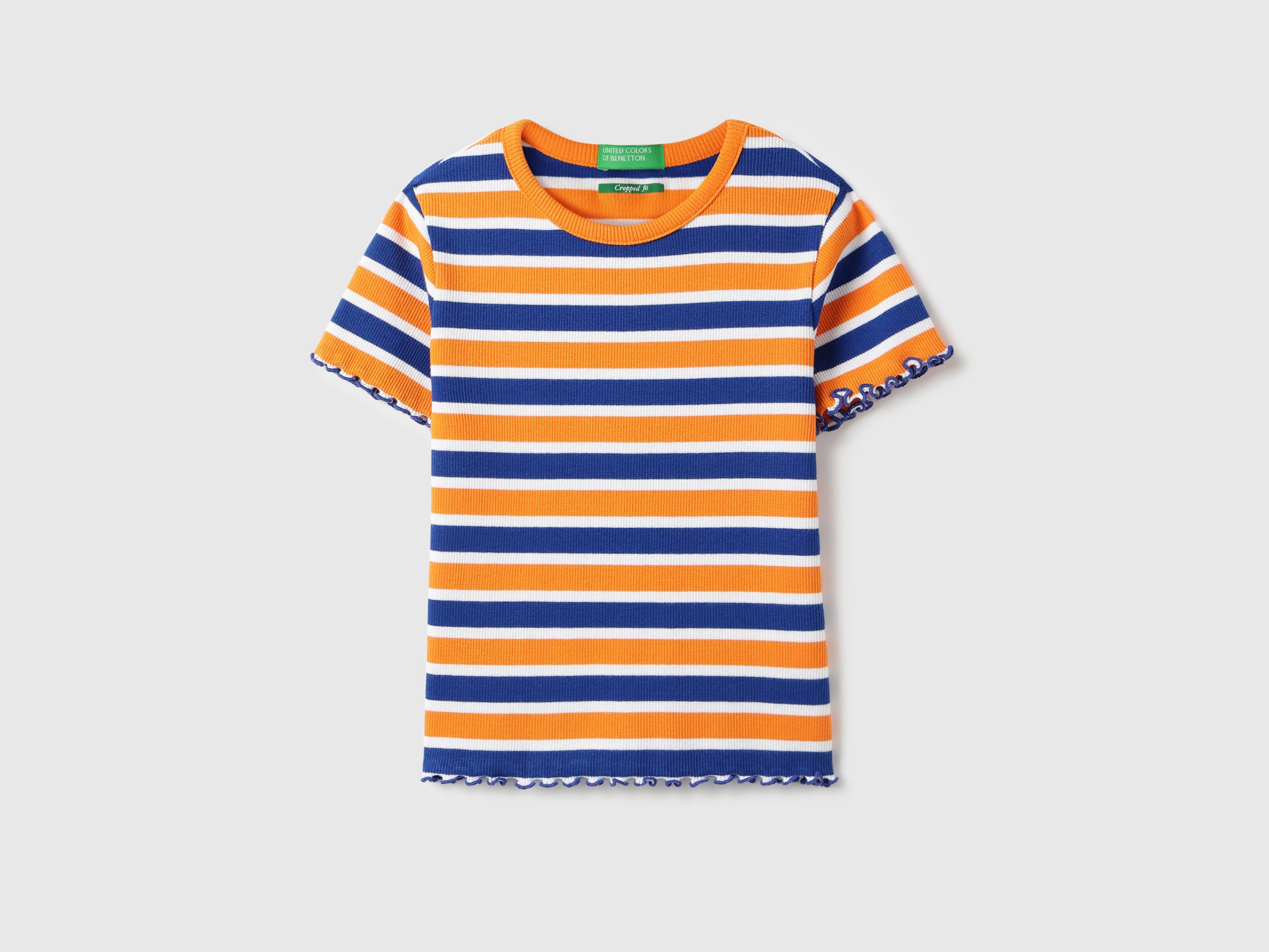 Girls Blue Striped Rib Cropped T-Shirt