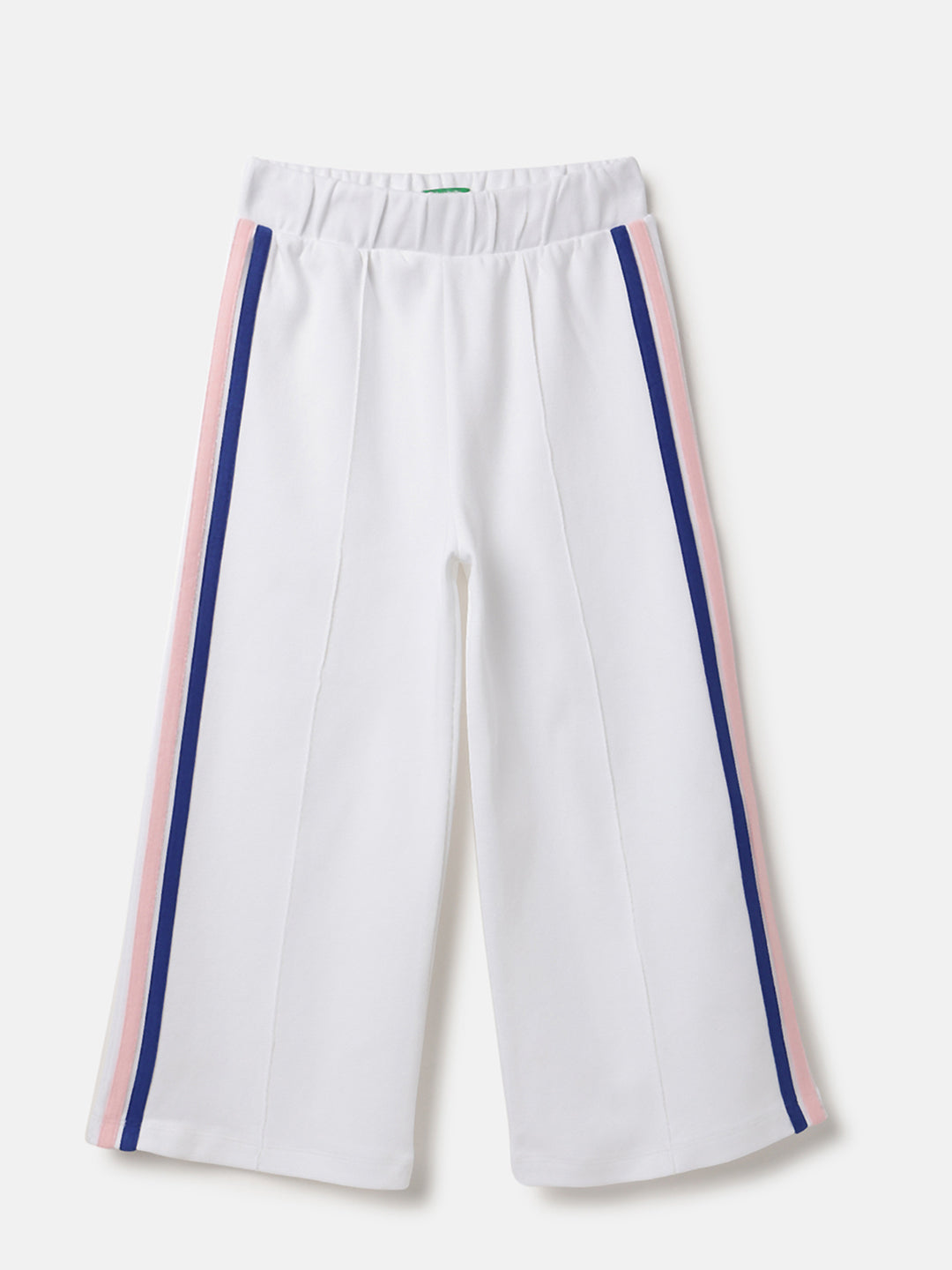 Girls White Cotton Regular Fit Trousers with Side Piping