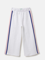 Girls White Cotton Regular Fit Trousers with Side Piping