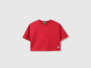 Girls Red Interlock Crop Tee with Button Detail