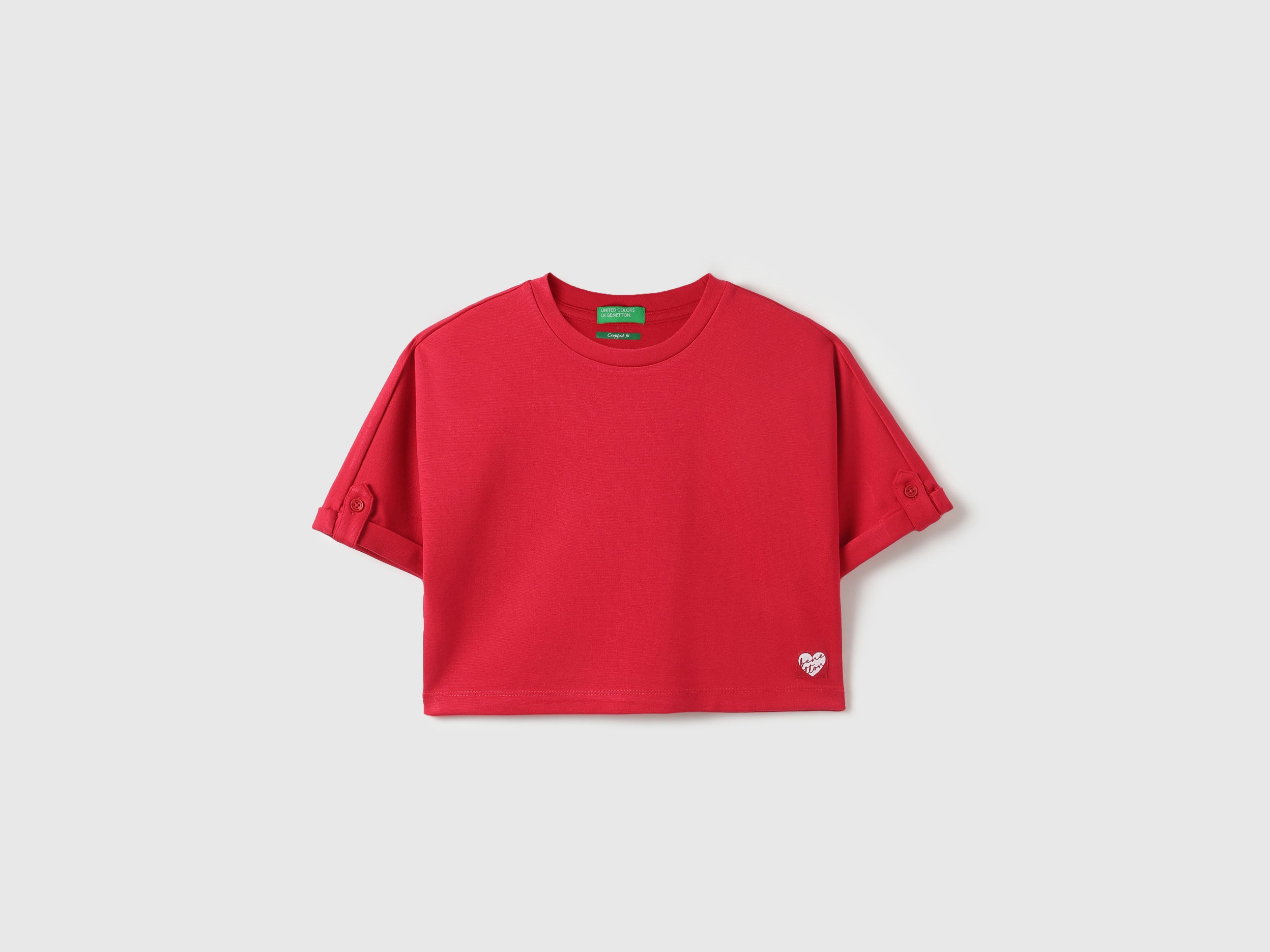 Girls Red Interlock Crop Tee with Button Detail