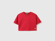 Boys Red Boucle Patterned Cotton Boxy T-Shirt with Contrast Tipping