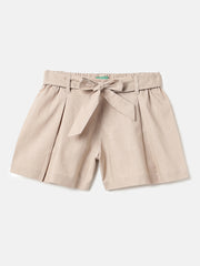 Girls Beige Cotton Slub Shorts with Belt