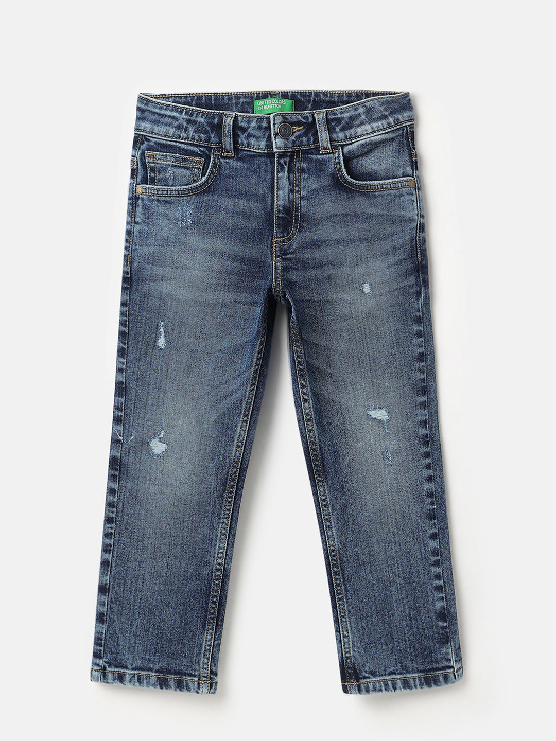 Boys Mud Blue Solid Cotton Stretch Straight Fit Denim with Icon Embroidery