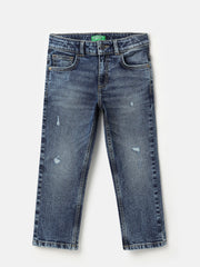 Boys Dark Wash Straight Fit Towel Wash Distressed Denim