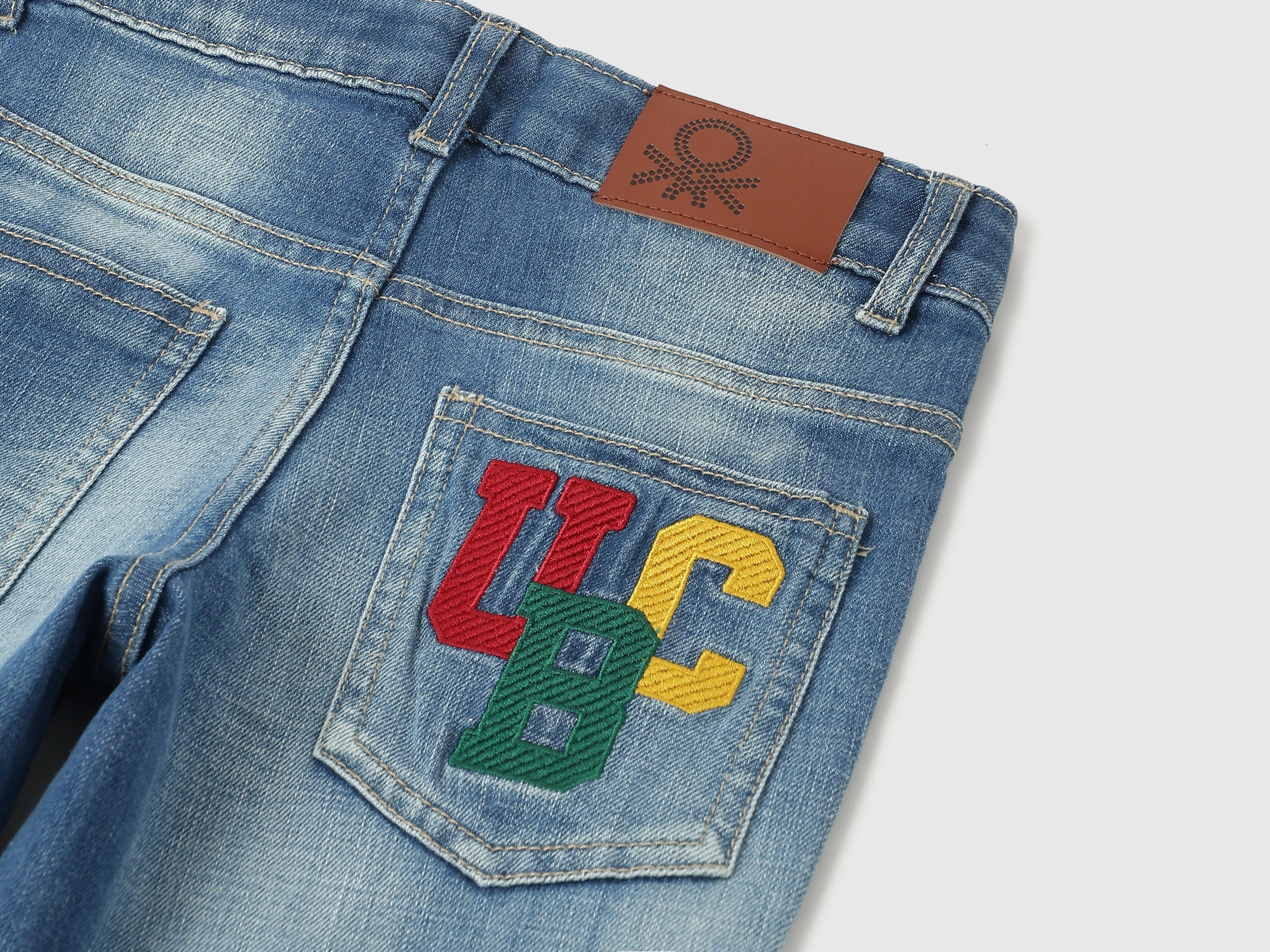Boys Mid Wash Straight Fit Multi Color Embroidered Denim