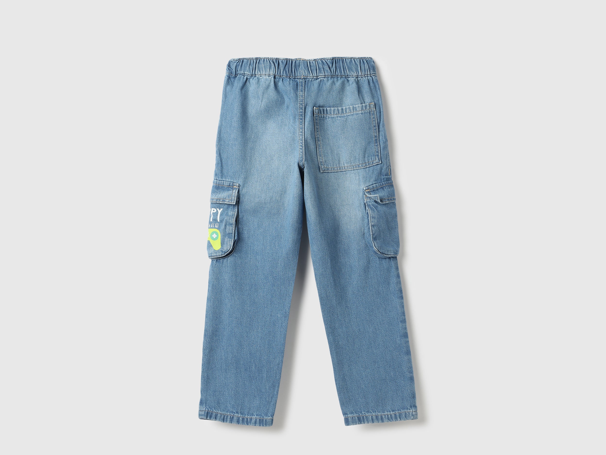 Boys Mid Wash Cotton Graffiti Cargo Denim Trousers