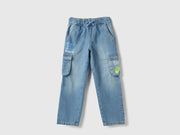 Boys Mid Wash Cotton Graffiti Cargo Denim Trousers