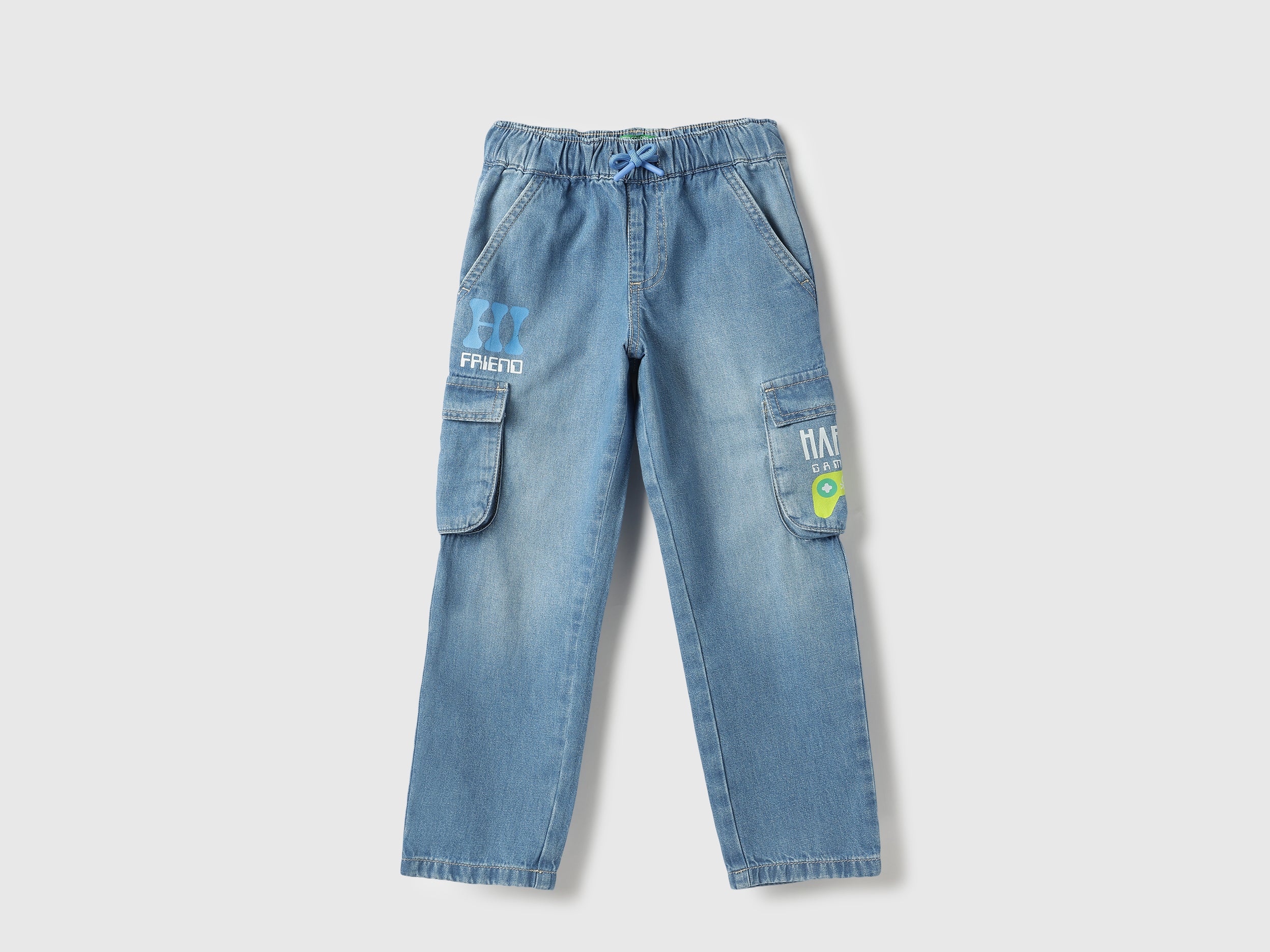 Boys Mid Wash Cotton Graffiti Cargo Denim Trousers