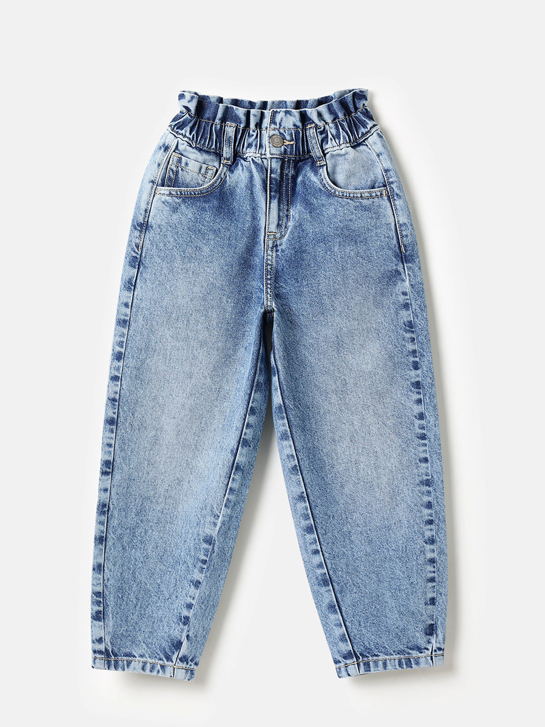 Girls Mid Wash Paperbag Denim with Tulip Embroidery