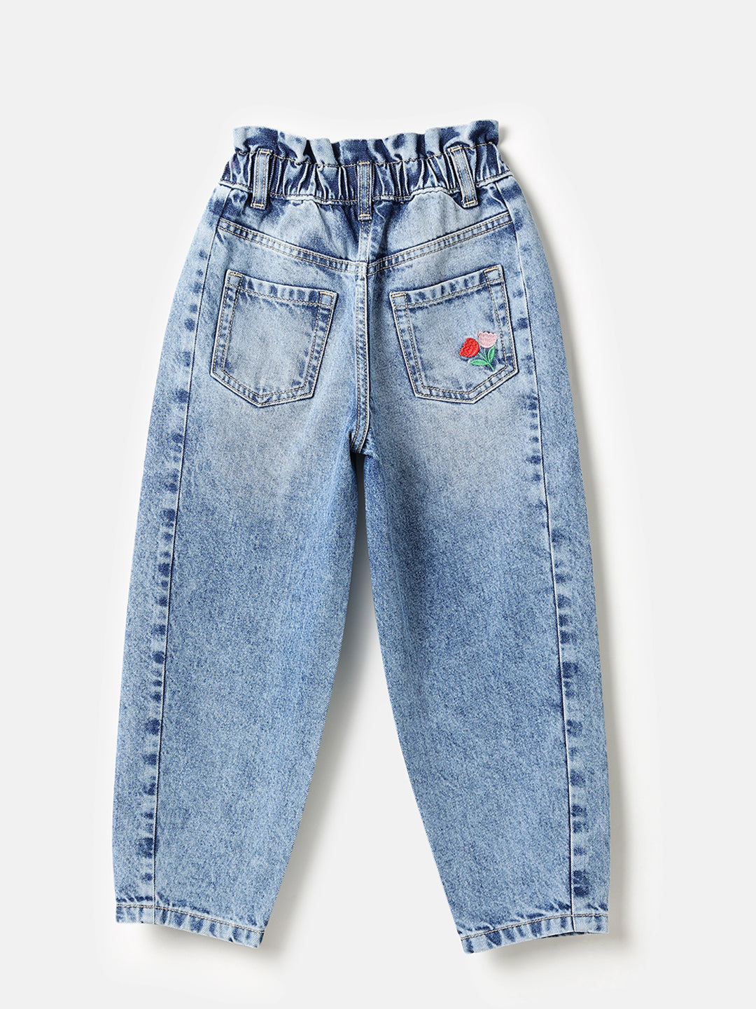 Girls Mid Wash Paperbag Denim with Tulip Embroidery