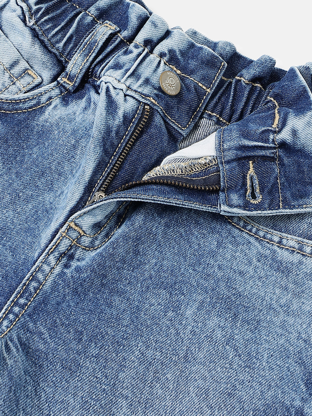 Girls Mid Wash Paperbag Denim with Tulip Embroidery