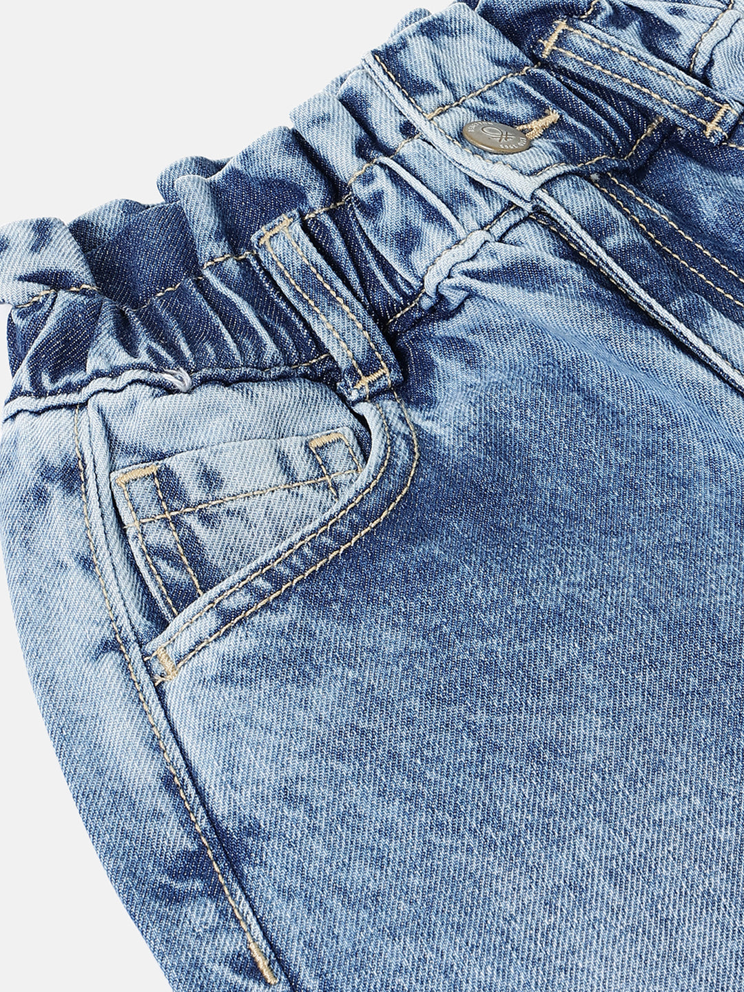 Girls Mid Wash Paperbag Denim with Tulip Embroidery