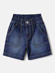 Girls Dark Wash Paperbag Denim Shorts with Patch Pockets