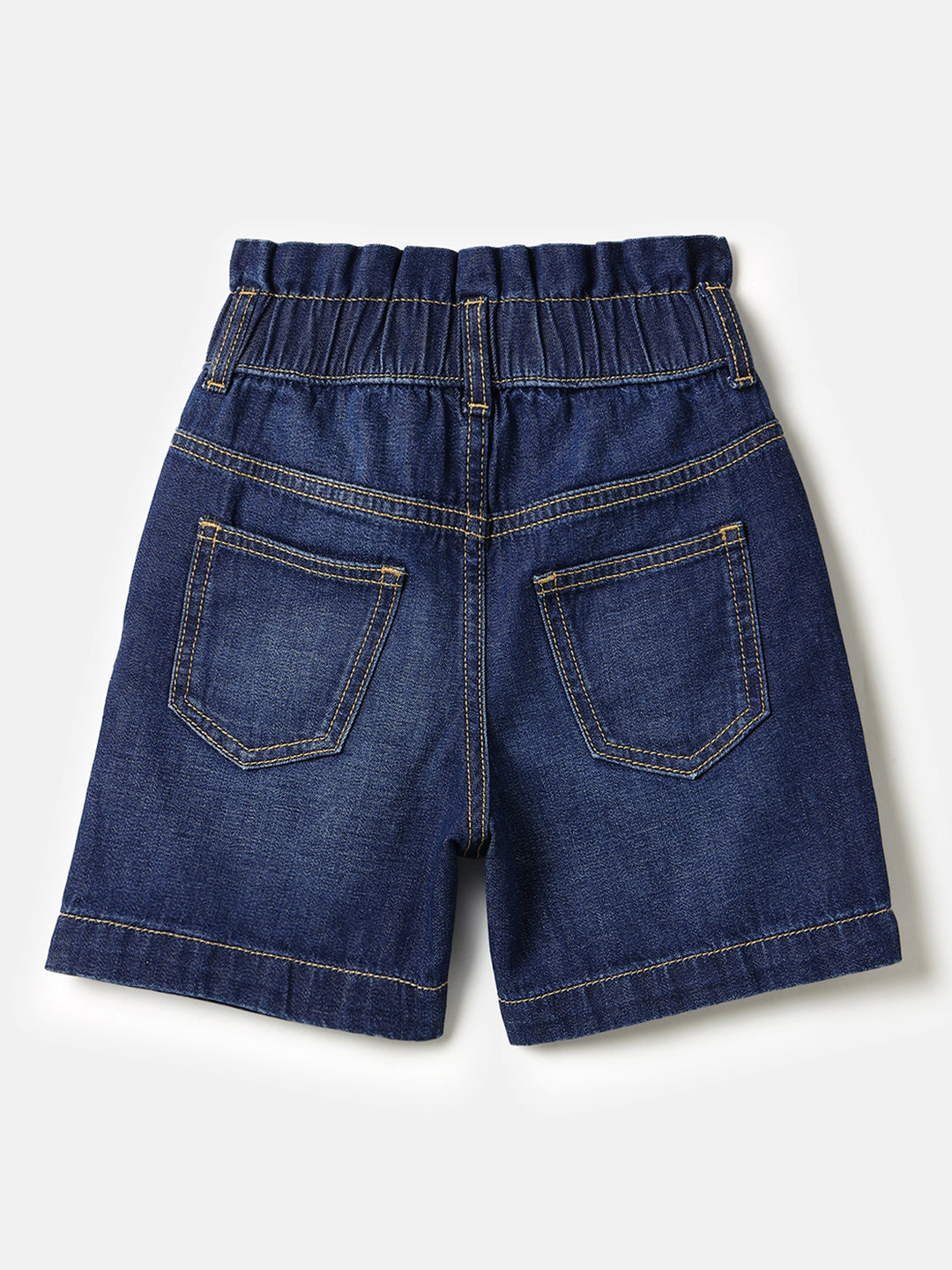 Girls Dark Wash Paperbag Denim Shorts with Patch Pockets