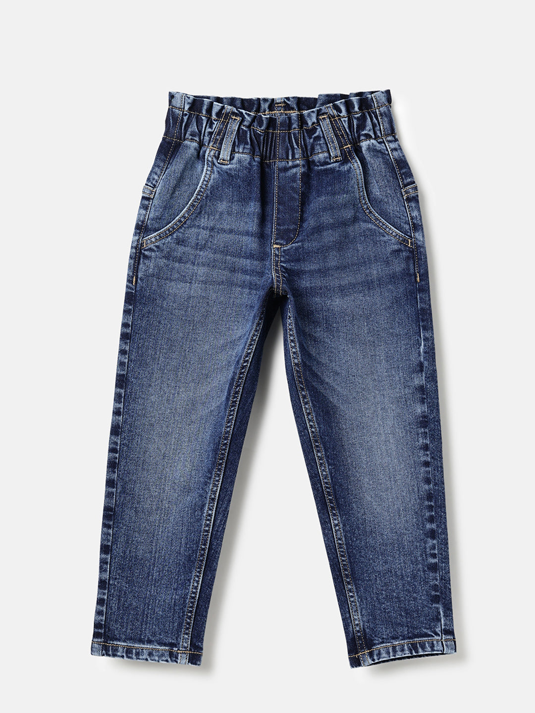 Girls Dark Wash Paperbag Waist Denim Trousers
