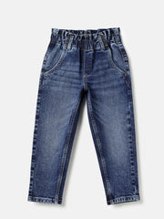 Girls Dark Wash Paperbag Waist Denim Trousers