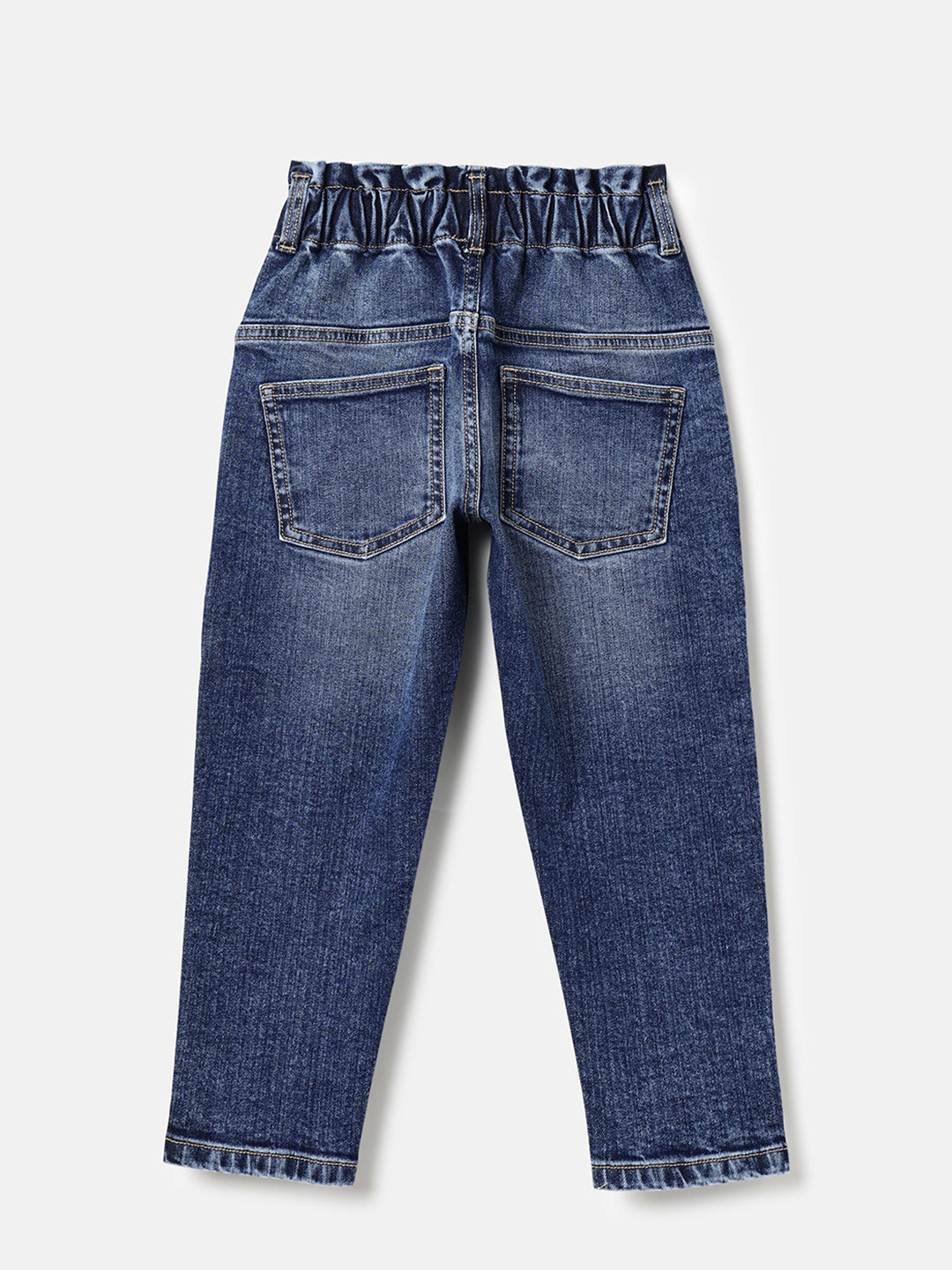 Girls Dark Wash Paperbag Waist Denim Trousers