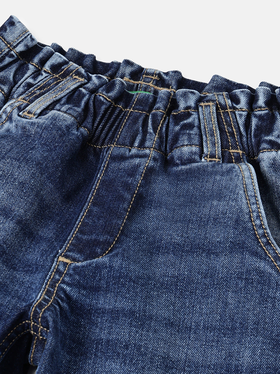 Girls Dark Wash Paperbag Waist Denim Trousers