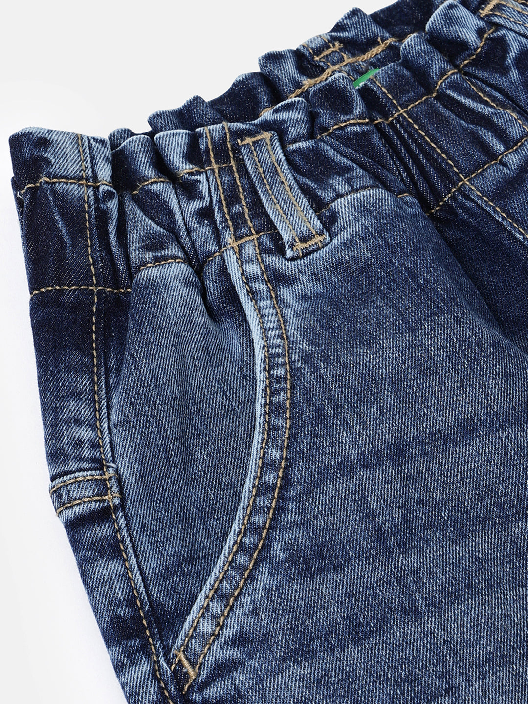 Girls Dark Wash Paperbag Waist Denim Trousers