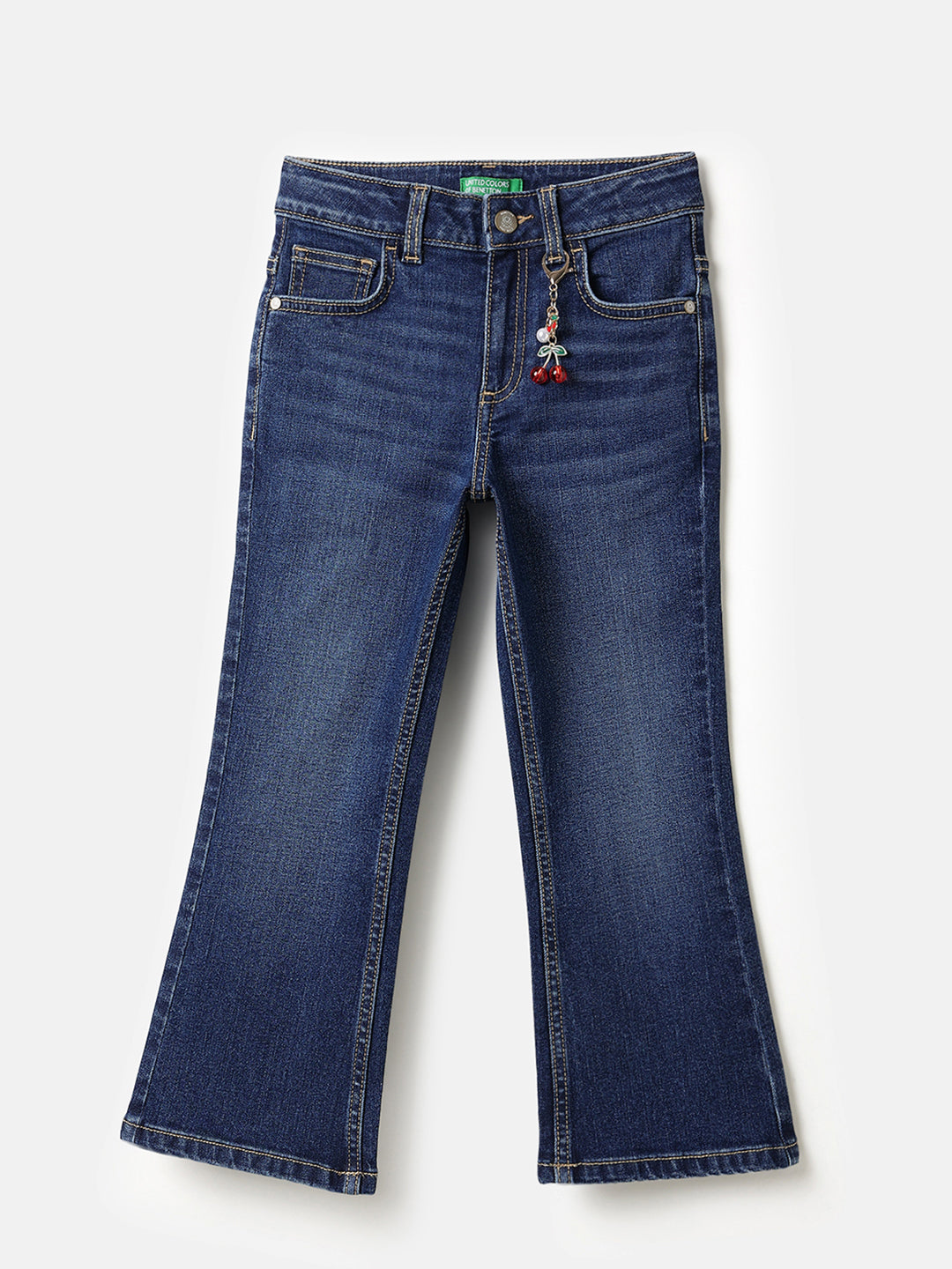 Girls Dark Wash Cotton Blend Bootcut Denim with Cherry Charm