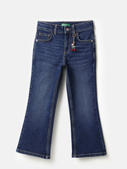 Girls Dark Wash Cotton Blend Bootcut Denim with Cherry Charm