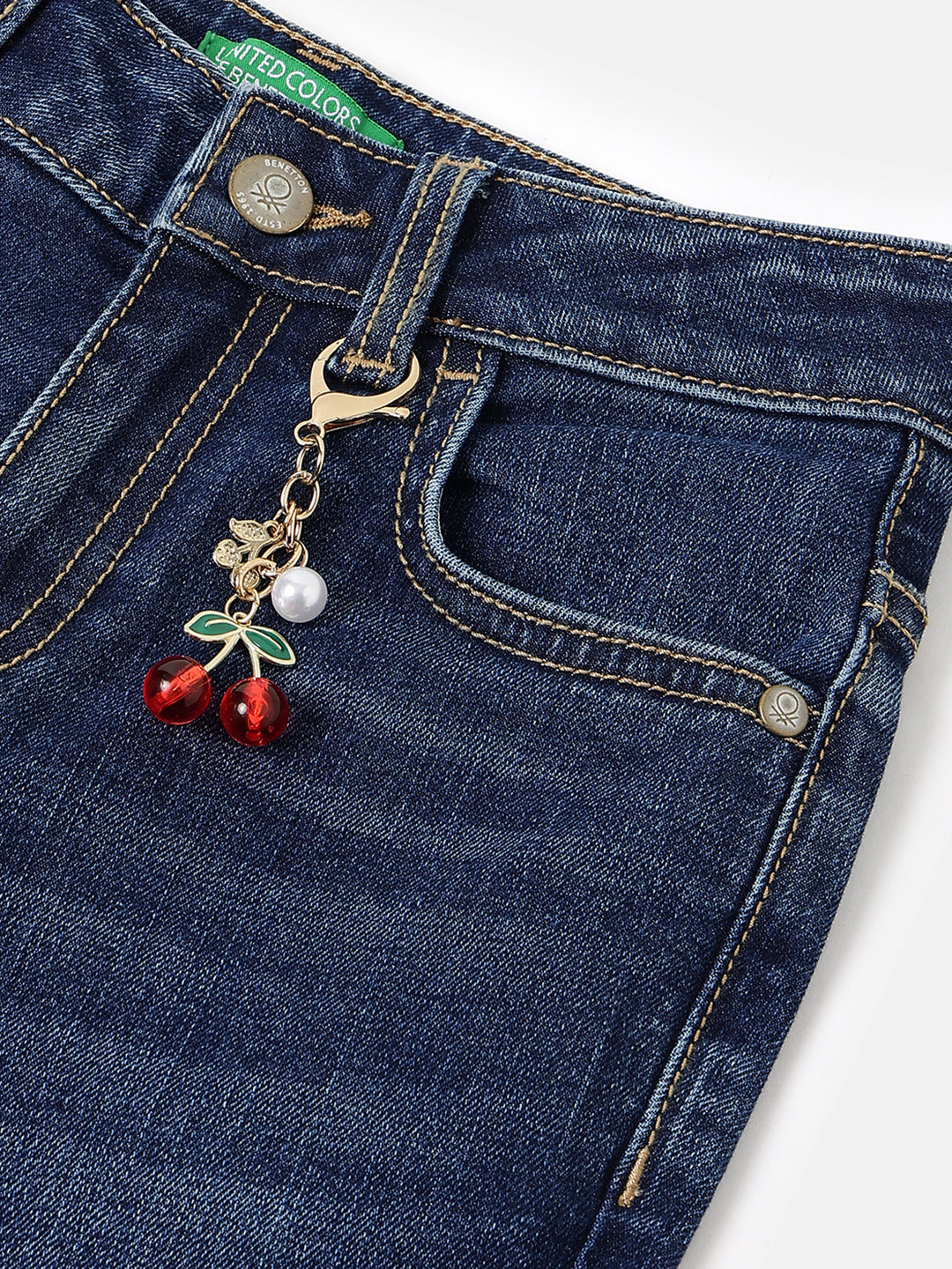 Girls Dark Wash Cotton Blend Bootcut Denim with Cherry Charm