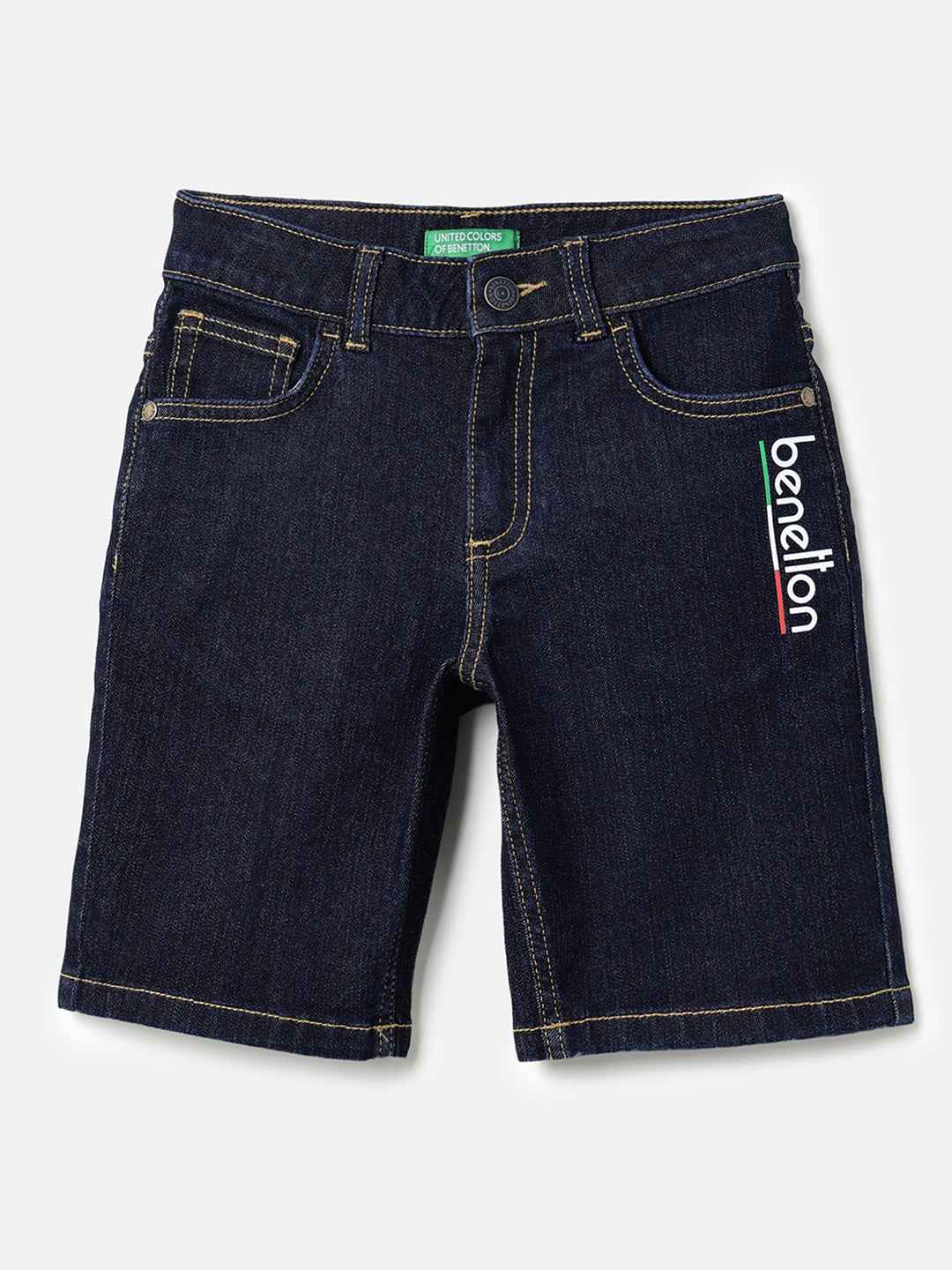 Boys Dark Blue Stretch Denim Shorts with Print