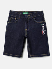 Boys Dark Blue Stretch Denim Shorts with Print