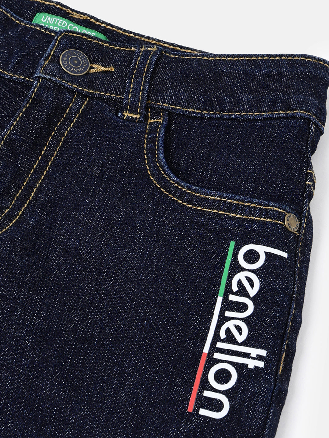 Boys Dark Blue Stretch Denim Shorts with Print