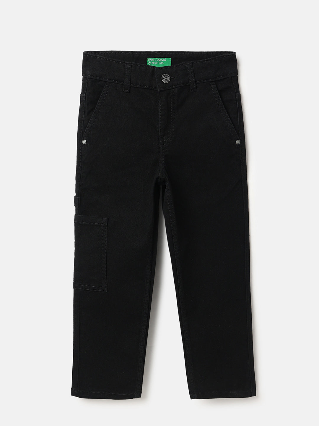 Boys Black Solid Cotton Carpenter Denim Trousers with Straight Fit