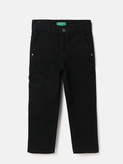 Boys Black Solid Cotton Carpenter Denim Trousers with Straight Fit