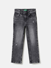 Boys Black Straight Fit Cotton Blend Denim with Distressed Detail