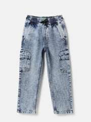 Girls Mid Wash Wide Leg Cargo Denim Trousers