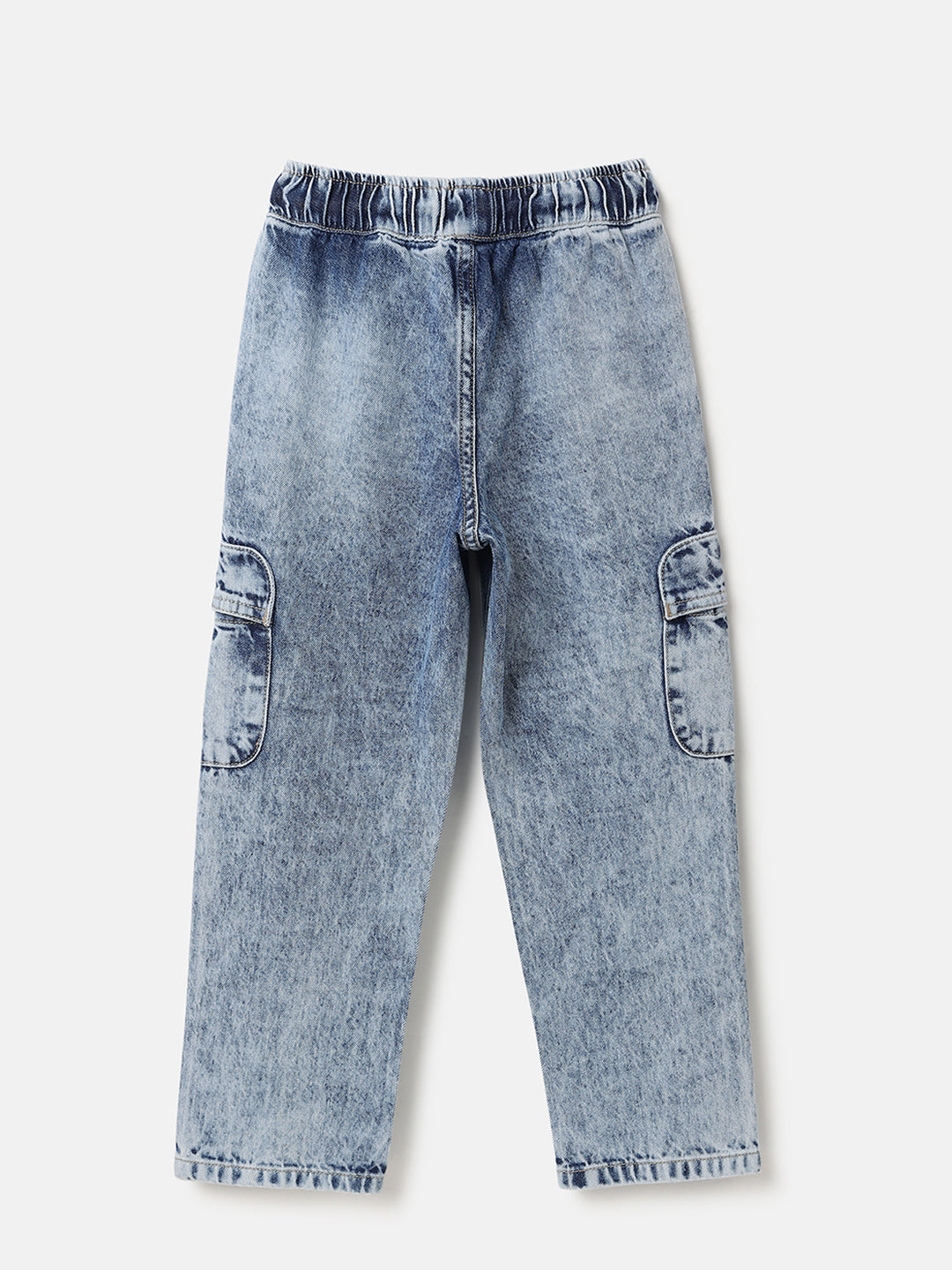 Girls Mid Wash Wide Leg Cargo Denim Trousers