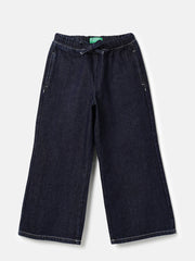 Girls Dark Blue Elasticated Wide Leg 100% Cotton Denim